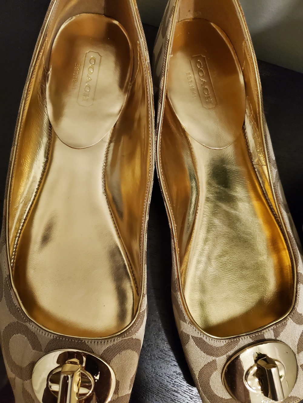 Coach Beige Signature Peep-Toe Flats with Gold Hardware - Picture 3 of 5